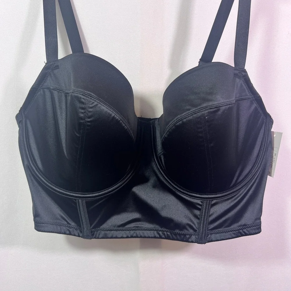 Auden Intimates Womens XXL Black Satin Longline Bustier Corset Bra Underwire